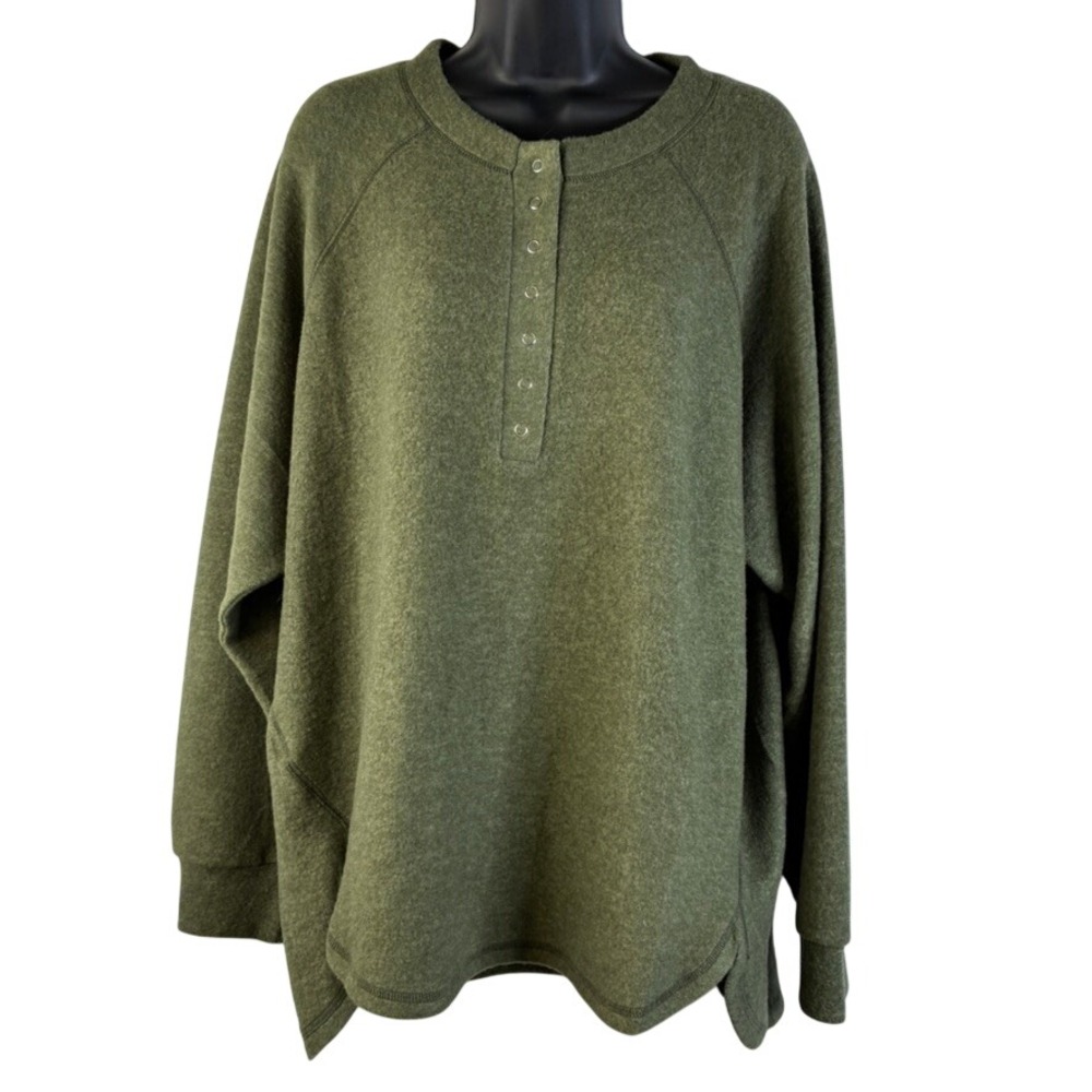 Zenana Womens Plus Sz 1X/2X Henley Top Olive Green Long Sleeve HT-2321X Raglan